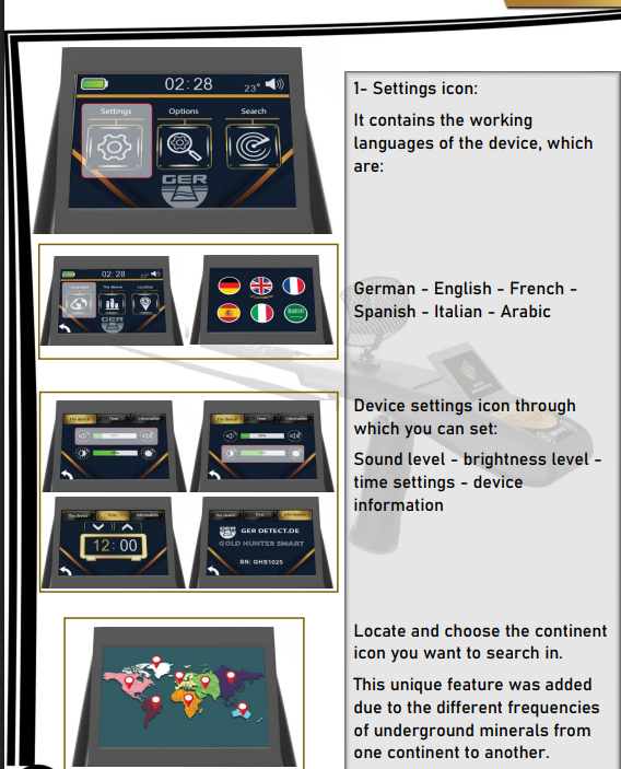 Gold Hunter Smart settings and language options