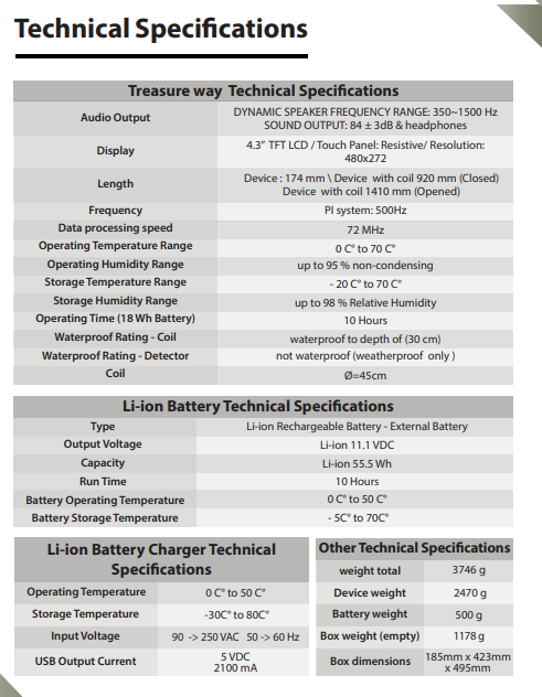 Treasure Way Metal Detector technical specifications