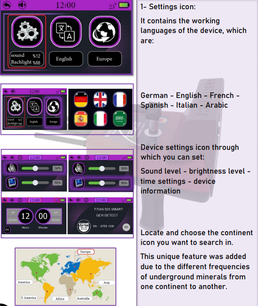 Titan 500 Smart settings screen and continent selection
