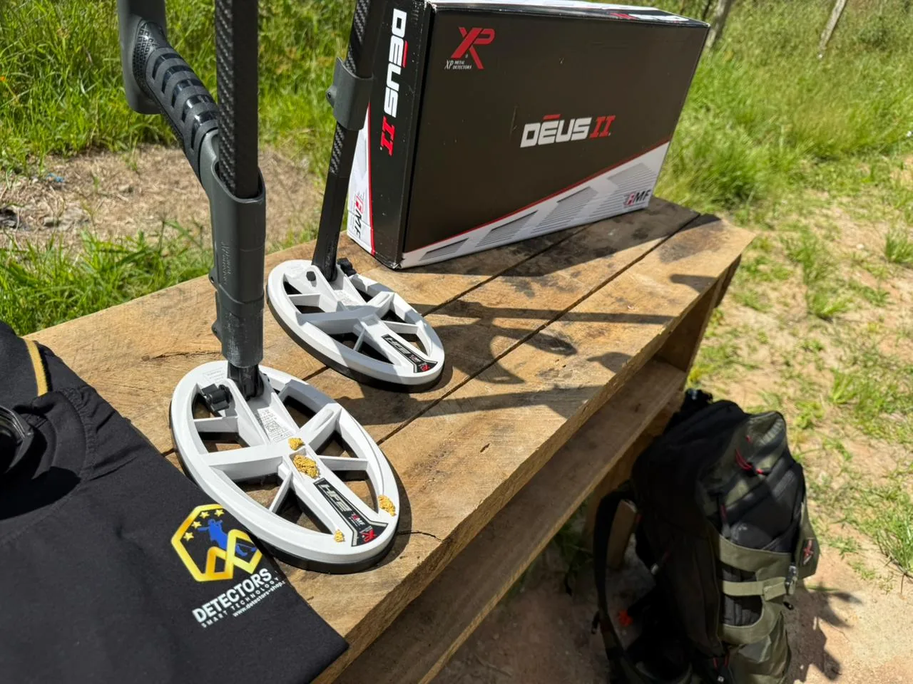 XP DEUS Gold HF2 search coils with natural gold nugget samples during a field test